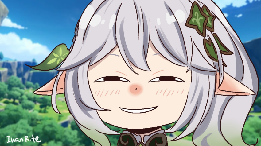 1girl 3d_background :d anya's_heh_face_(meme) artist_name bangs commentary english_commentary genshin_impact grey_hair hair_between_eyes hair_ornament half-closed_eyes ikanrite kusanali_(genshin_impact) long_hair looking_at_viewer meme side_ponytail sidelocks sketch smile smirk solo