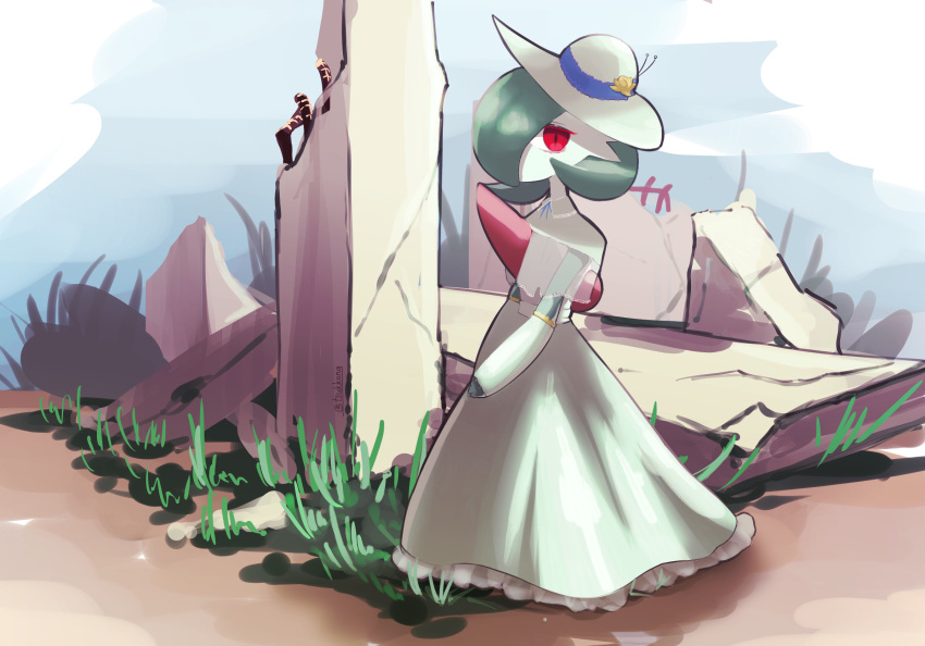 1girl artist_name bangs blue_sky bob_cut clothed_pokemon clouds commentary_request day detached_sleeves dress flat_chest flower frilled_dress frills full_body gardevoir grass green_hair hair_over_one_eye hat hat_flower highres looking_at_viewer one_eye_covered outdoors own_hands_together pokemon pokemon_(creature) red_eyes rubble see-through short_hair signature sky solo standing sun_hat tsukkon twitter_username v_arms white_dress white_headwear yellow_flower