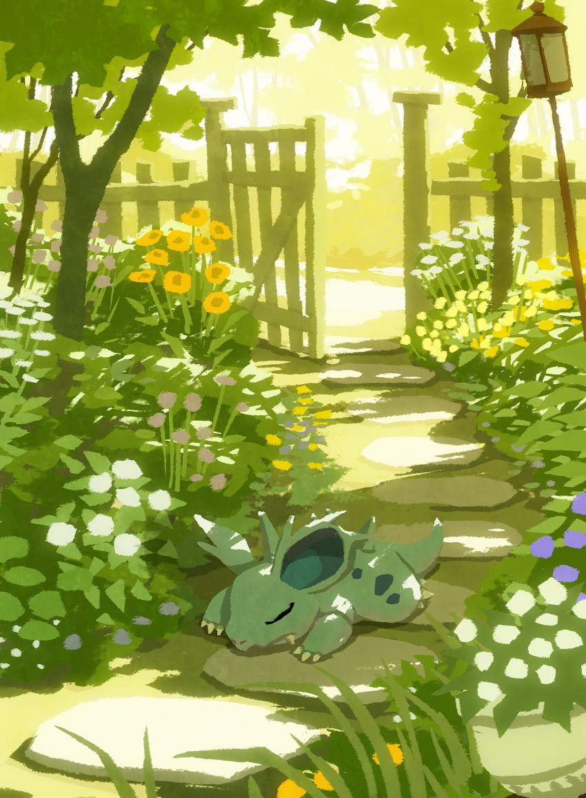 absurdres claws day fang fence flower flower_pot gate grass highres hyogonosuke lantern lying nidorina no_humans on_stomach orange_flower outdoors pokemon pokemon_(creature) purple_flower sleeping solo stepping_stones tree white_flower yellow_flower