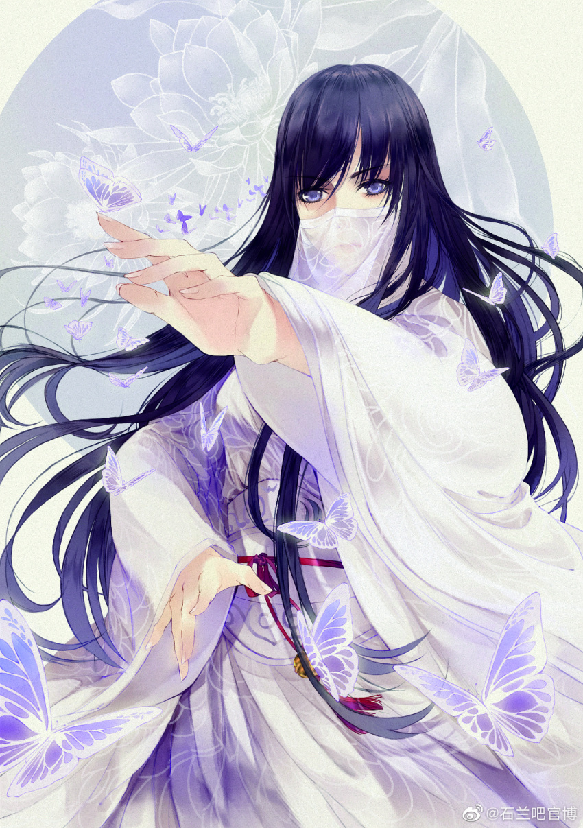 1girl bell blue_hair bug butterfly dress expressionless fighting_stance floral_background highres long_hair pose qin_shi_ming_yue sash second-party_source shi_lan_(qin_shi_ming_yue) solo veil white_dress xunlei_jun