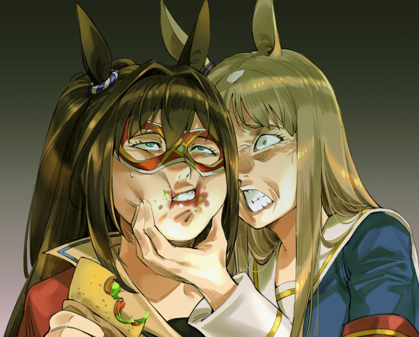 2girls anger_vein angry animal_ears armband brown_hair clenched_teeth domino_mask ear_ornament eating food food_on_face furious high_ponytail highres horse_ears horse_girl light_brown_hair long_hair mask multicolored_hair multiple_girls red_armband reference_request ruukii_drift sailor_collar sandwich teeth two-tone_hair umamusume white_hair