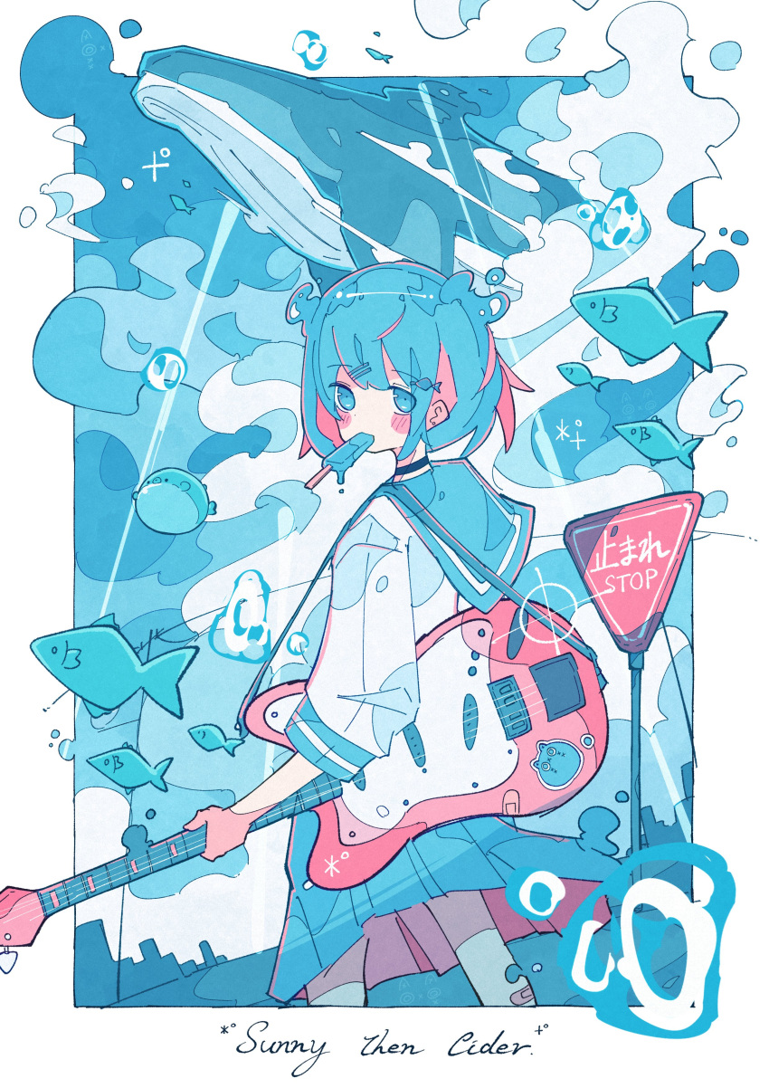 1girl absurdres aqua_eyes aqua_hair aqua_sailor_collar aqua_skirt bandaid bandaid_on_leg bangs bass_guitar blue_eyes blue_hair blush character_request choker commentary_request copyright_request cowboy_shot dot_pupils english_text engrish_text fish flying_whale food from_behind guitar haru57928031 highres holding holding_instrument instrument looking_at_viewer looking_back pastel_colors pleated_skirt popsicle popsicle_in_mouth purple_choker ranguage road_sign sailor_collar school_uniform serafuku short_hair sidelocks sideways_glance sign skirt sleeve_cuffs sleeves_past_wrists solo standing sticker stop_sign water whale wind