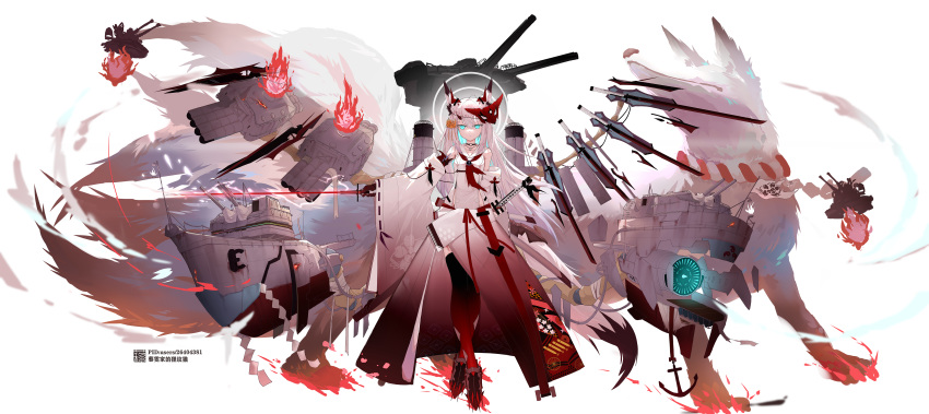 1girl absurdres ahoge alternate_costume animal animal_ears azur_lane bangs black_choker black_gloves black_legwear blue_eyes breasts choker closed_mouth collarbone commentary_request crossed_legs detached_sleeves fox fox_ears fox_girl fox_mask fox_tail gloves hair_between_eyes hakama highres holding holding_sword holding_weapon horns japanese_clothes jewelry katana kawakaze_(azur_lane) liwendala long_hair long_sleeves looking_at_viewer machinery mask multicolored_hair multiple_swords neckerchief pendant red_gloves red_horns red_neckerchief redhead ribbon-trimmed_sleeves ribbon_trim rigging rope sailor_collar shimenawa shirt shoes sidelocks simple_background single_glove single_horn sleeveless sleeveless_shirt small_breasts standing sword tail thigh-highs torpedo_tubes turret very_long_hair weapon white_background white_hair white_hakama white_sailor_collar white_shirt white_sleeves wide_sleeves