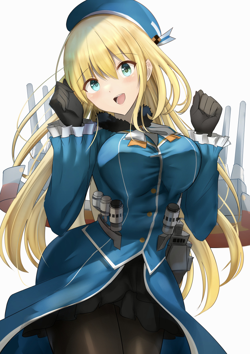 1girl absurdres ascot atago_(kancolle) beret black_gloves black_skirt blonde_hair blue_headwear breasts cannon coat cowboy_shot frilled_sleeves frills fur_collar gloves green_eyes hair_between_eyes hana_hebi hat highres kantai_collection large_breasts long_hair machinery military military_uniform open_mouth pantyhose rigging simple_background skirt smile solo turret uniform white_background