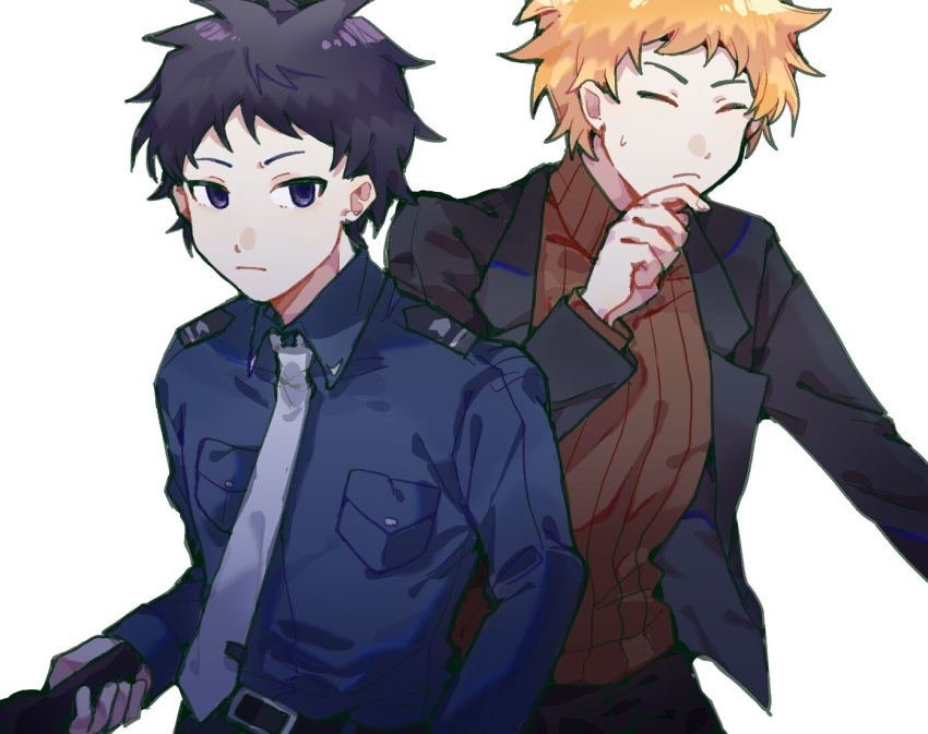 2boys aichikaochangzidehaozhangzi atou_haruki belt belt_buckle black_belt black_hair black_jacket black_pants blonde_hair blue_necktie blue_shirt breast_pocket brown_sweater buckle chinese_commentary closed_eyes closed_mouth collared_shirt commentary_request crossover finger_to_own_chin firework_(game) flashlight frown holding holding_flashlight jacket lin_lixun male_focus multiple_boys necktie open_clothes open_jacket pants pocket police police_uniform ribbed_sweater saibou_shinkyoku shirt simple_background suit_jacket sweat sweater tie_clip turtleneck turtleneck_sweater uniform violet_eyes white_background