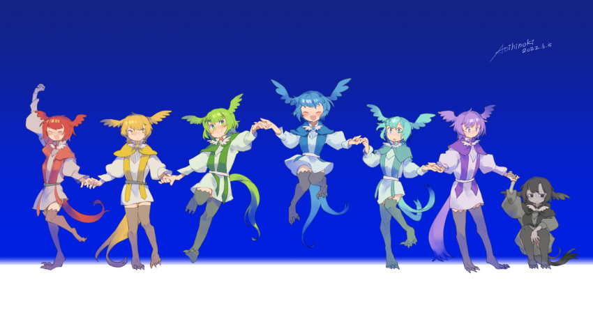 6+girls :o ^_^ ^o^ alternate_color aoihinoki aqua_capelet aqua_eyes aqua_hair arm_up artist_name bird_girl bird_legs bird_tail bird_wings black_capelet black_hair blonde_hair blue_background blue_capelet blue_hair blush brooch capelet closed_eyes colored_skin commentary dated dress english_commentary feathered_wings final_fantasy final_fantasy_xiv frown full_body green_capelet green_hair grey_skin head_wings highres holding_hands jewelry jumping knees_up leg_up long_sleeves looking_at_another meteion multiple_girls multiple_persona no_pupils purple_hair red_capelet redhead short_hair signature sitting smile spoilers standing tail talons two-tone_background violet_eyes white_background white_dress wings yellow_capelet
