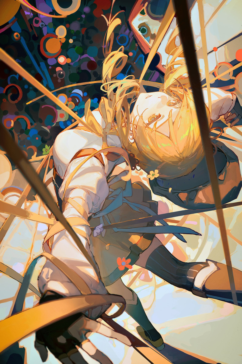 1girl abstract_background beret blonde_hair boots breasts ciloranko drill_hair fingerless_gloves flower gloves hat highres juliet_sleeves leaning_back long_sleeves mahou_shoujo_madoka_magica medium_breasts medium_hair outstretched_arms puffy_sleeves ribbon shirt single_thighhigh skirt solo spread_arms striped striped_legwear thigh-highs tomoe_mami twin_drills white_shirt yellow_eyes yellow_ribbon yellow_skirt