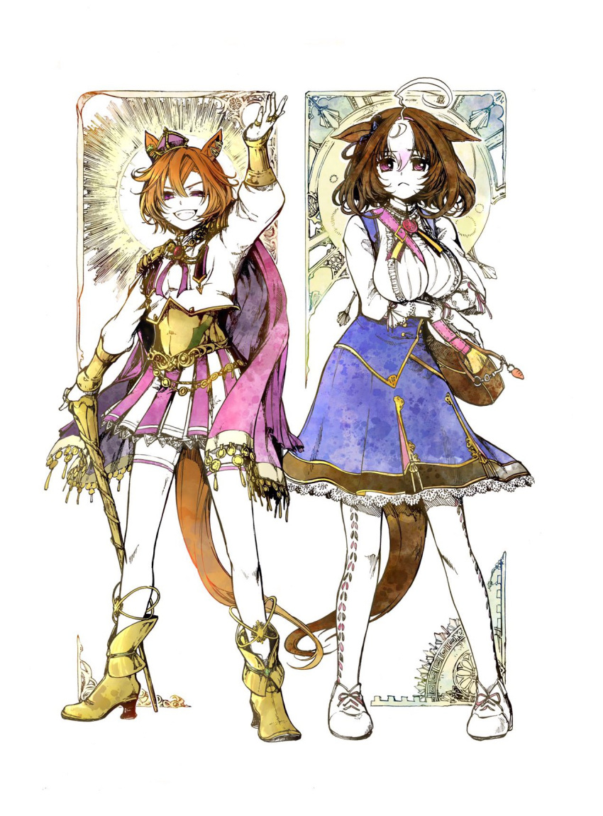 2girls ahoge animal_ears arm_up bag bangs between_breasts blue_dress boots breasts brown_hair cane cape closed_mouth corset crown dress frown full_body gloves grin high_heel_boots high_heels highres horse_ears horse_girl horse_tail jewelry large_breasts long_sleeves looking_at_viewer mame_nabe_donko medium_hair meisho_doto_(umamusume) mini_crown multicolored_hair multiple_girls open_mouth orange_hair pants ring shirt shoes short_hair shoulder_bag skirt smile standing strap_between_breasts t.m._opera_o_(umamusume) tail teeth thigh-highs traditional_media two-tone_hair umamusume v-shaped_eyebrows violet_eyes white_gloves white_legwear white_pants white_shirt