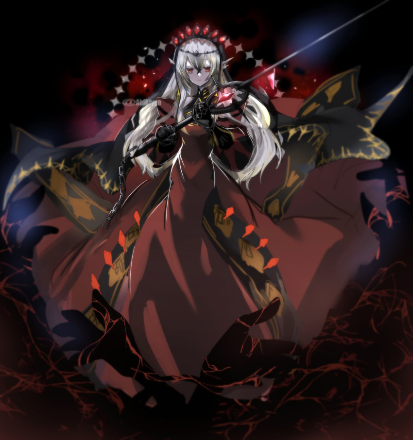 1girl abfbfygo bangs chain circlet colored_skin dress duel_monster expressionless gauntlets grey_hair grey_skin hair_between_eyes highres holding holding_sword holding_weapon long_hair long_sleeves pointy_ears puffy_sleeves red_cartesia_the_virtuous red_dress red_eyes solo sword twitter_username veil weapon yu-gi-oh!