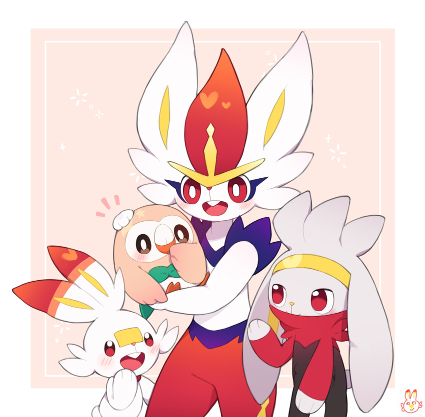 blush border bright_pupils cinderace colaoud commentary_request evolutionary_line framed highres holding holding_pokemon korean_commentary notice_lines open_mouth pokemon pokemon_(creature) raboot red_eyes rowlet scorbunny tongue white_border white_pupils