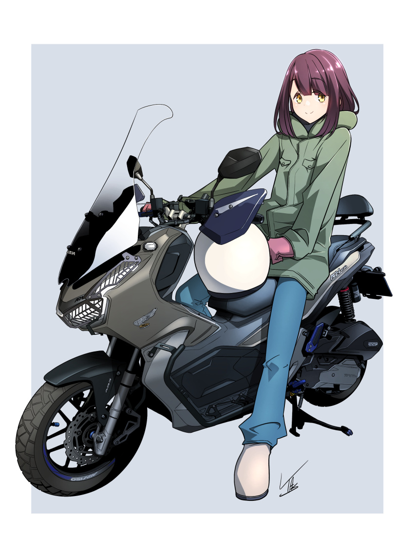 1girl absurdres blue_pants brown_hair full_body green_jacket ground_vehicle helmet highres honda hood hooded_jacket jacket long_hair looking_at_viewer motor_vehicle motorcycle pants smile solo toki_ayano white_footwear white_helmet yasu_(pixiv) yellow_eyes yurucamp