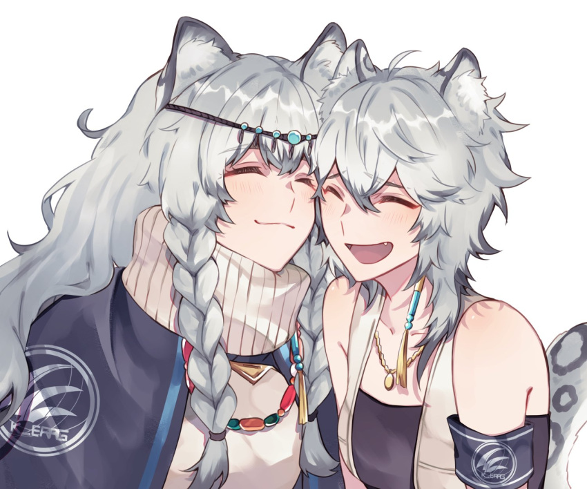 2girls ^_^ ahoge animal_ear_fluff animal_ears arknights armband bare_shoulders black_bandeau black_cape breasts cape cheek-to-cheek cliffheart_(arknights) closed_eyes collarbone fang grey_hair hair_between_eyes heads_together highres jewelry kjerag_logo leopard_ears leopard_girl leopard_tail long_hair multiple_girls necklace noinoi5551 open_mouth pramanix_(arknights) short_hair siblings simple_background sisters small_breasts smile sweater tail tiara turtleneck turtleneck_sweater upper_body white_background white_sweater