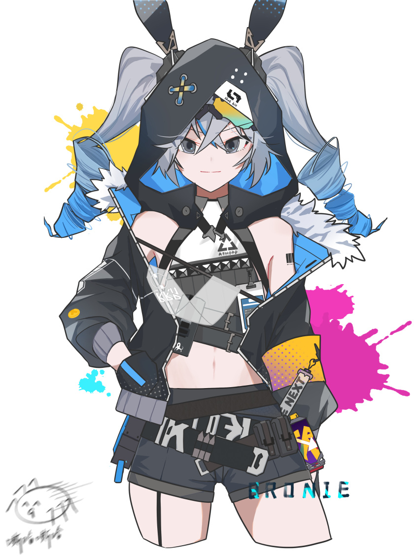 1girl absurdres animal_ears bangs barcode barcode_tattoo black_jacket black_shorts bronya_zaychik bronya_zaychik_(haxxor_bunny) character_name closed_mouth drill_hair fake_animal_ears grey_eyes grey_hair hanchan540 hand_in_pocket highres honkai_(series) honkai_impact_3rd jacket looking_at_viewer navel off_shoulder rabbit_ears shorts smile solo tattoo twin_drills twintails white_background