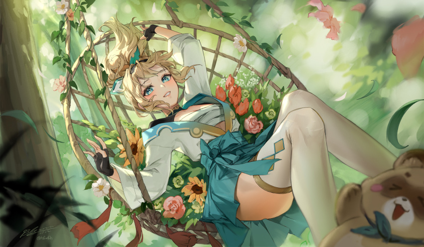 1991_(blz) 1girl animal arm_up black_gloves blonde_hair blue_eyes blue_skirt blurry blurry_foreground breasts chest_sarashi fingerless_gloves floating_hair flower gloves hair_ornament haori highres hololive japanese_clothes kazama_iroha leaf_hair_ornament long_hair looking_at_viewer parted_lips pokobee ponytail sarashi shrug_(clothing) signature skirt smile swing tanuki thigh-highs twitter_username virtual_youtuber white_legwear wide_sleeves