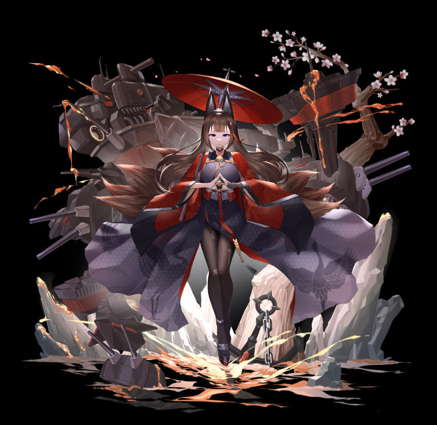 1girl absurdres amagi_(azur_lane) anchor animal_ears animal_print artillery azur_lane bird black_background breasts brown_hair brown_legwear brown_tail chain cherry_blossoms chinese_commentary coat crane_(animal) floating_clothes floating_hair fox_ears fox_tail full_body highres japanese_clothes jfzm001 kimono kitsune kyuubi large_breasts long_hair long_sleeves looking_at_viewer metal_belt molten_rock multiple_tails oil-paper_umbrella own_hands_together pantyhose purple_kimono red_coat red_umbrella rigging rudder_footwear sakuramon simple_background solo standing stone tachi-e tail torn_clothes torn_legwear tree turret umbrella violet_eyes wide_sleeves