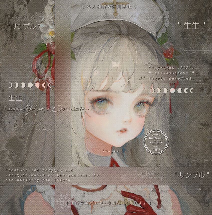 1girl absurdres brown_eyes commission dated flower gloves grey_hair hand_up hat highres long_hair looking_at_viewer moon_phases original parted_lips red_gloves red_ribbon ribbon solo ssss_ve upper_body white_flower