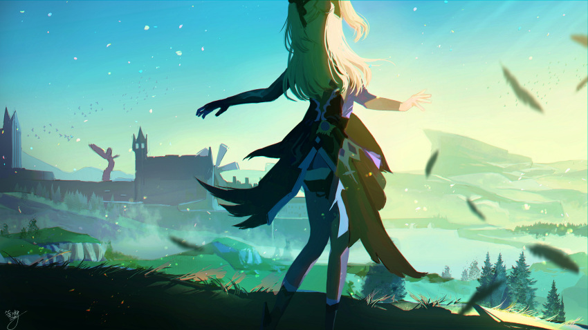 1girl absurdres bird blonde_hair bodystocking day feathers fischl_(genshin_impact) from_behind genshin_impact gloves grass hair_ribbon highres kitsunekotori long_hair morning mountain outdoors ribbon scenery signature single_glove sky standing statue tree two_side_up vision_(genshin_impact) windmill