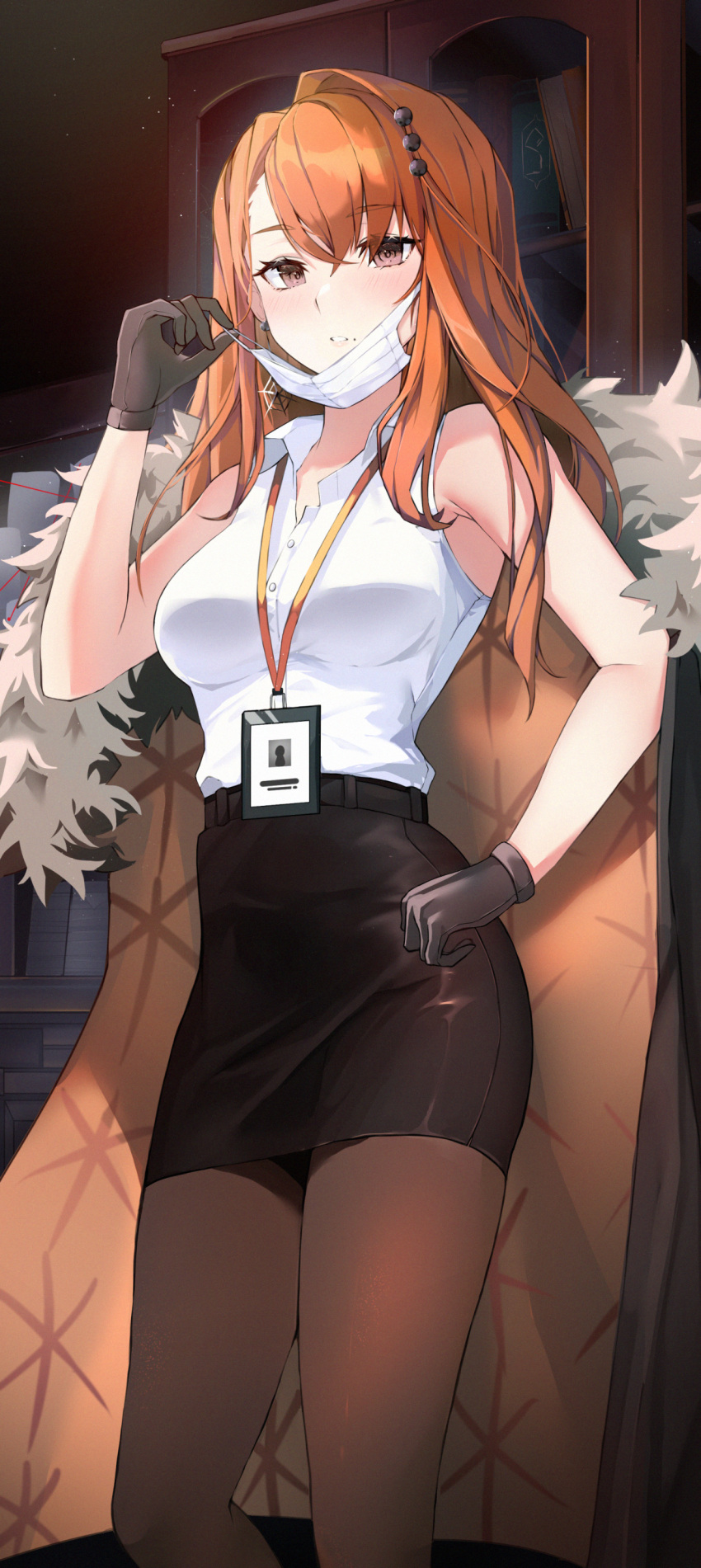 1girl absurdres alchemy_stars black_gloves black_legwear breasts brown_eyes fur_trim gloves hand_on_hip highres id_card large_breasts lessthanone mask mask_pull mouth_mask pantyhose pencil_skirt redhead siobhan_(alchemy_stars) skirt sleeveless solo