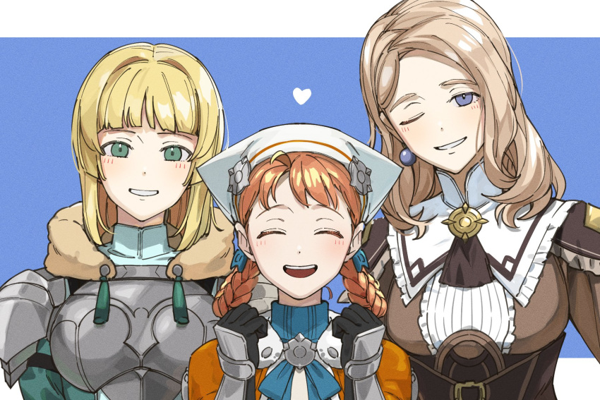 3girls ^_^ ^o^ annette_fantine_dominic armor ascot bangs black_gloves blonde_hair blue_background blue_eyes blue_ribbon blue_shirt blunt_bangs blush braid breastplate breasts brown_ascot brown_dress clenched_hands closed_eyes dress fire_emblem fire_emblem:_three_houses fire_emblem_warriors:_three_hopes fur_collar gloves green_eyes grin hair_bobbles hair_intakes hair_ornament head_scarf heart highres ingrid_brandl_galatea light_brown_hair looking_at_viewer medium_breasts medium_hair mercedes_von_martritz multiple_girls neck_ribbon official_alternate_costume official_alternate_hairstyle one_eye_closed open_mouth orange_hair parted_bangs parted_lips pauldrons ribbon shirt shishima_eichi shoulder_armor side-by-side simple_background smile tassel turtleneck twin_braids upper_body vambraces white_headwear