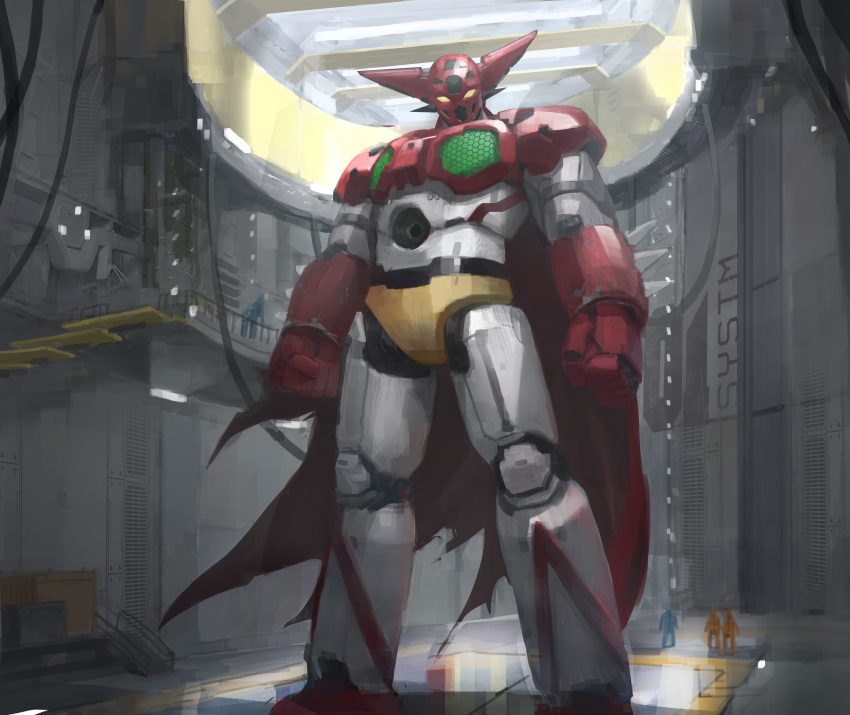 4others absurdres boridongja cable cape clenched_hands getter-1 getter_robo getter_robo_(1st_series) hangar highres looking_down mecha multiple_others red_cape robot science_fiction size_difference solo_focus super_robot torn torn_cape torn_clothes yellow_eyes