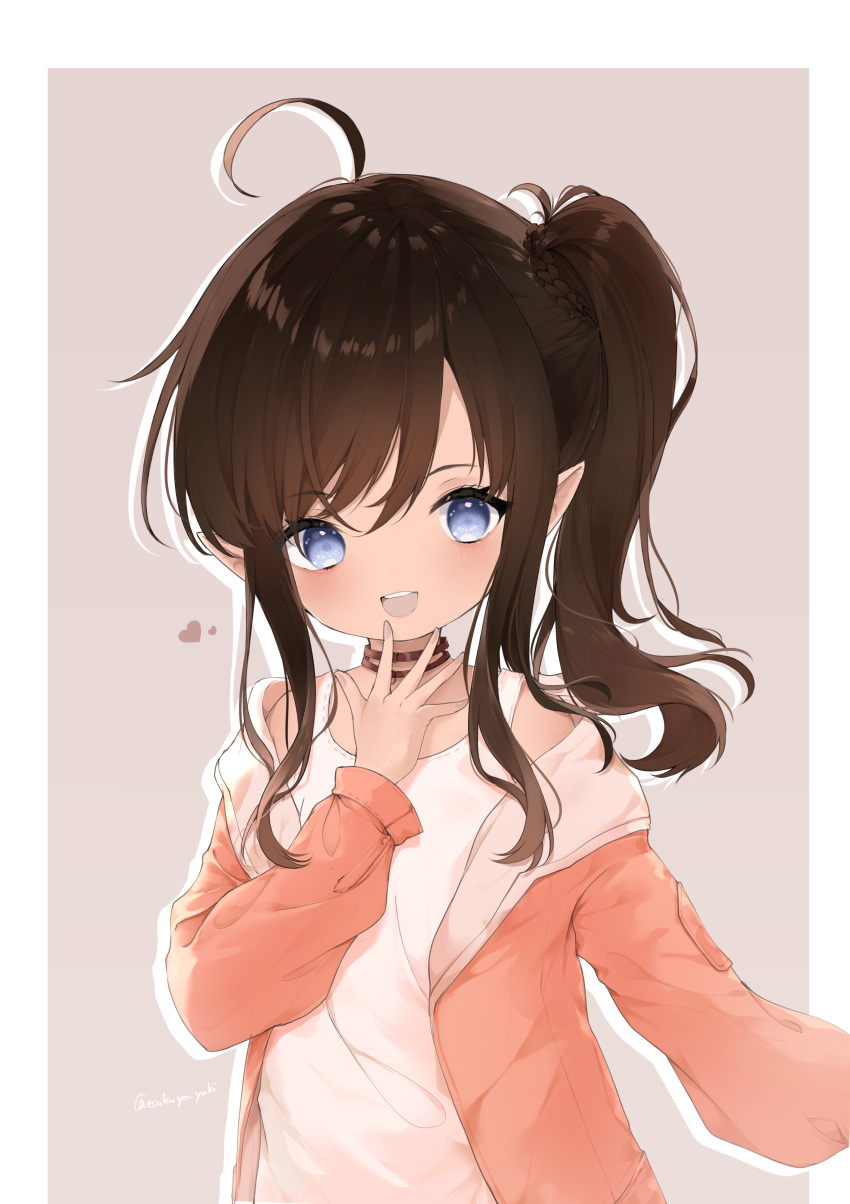 1girl :d absurdres ahoge bangs bare_shoulders black_hair blue_eyes brown_background brown_hair brown_jacket commentary_request drop_shadow final_fantasy final_fantasy_xiv hair_between_eyes hand_to_own_mouth hand_up heart highres jacket lalafell long_hair long_sleeves looking_at_viewer off_shoulder open_clothes open_jacket pointy_ears puffy_long_sleeves puffy_sleeves side_ponytail smile solo tank_top two-tone_background uzuki_tsukuyo white_background white_tank_top