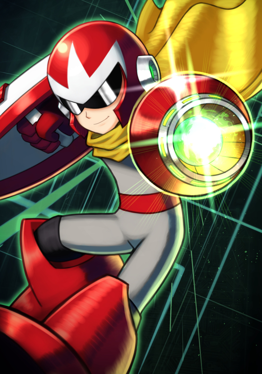 1boy absurdres aiming_at_viewer boots cape closed_mouth gloves helmet highres holding holding_shield male_focus mega_man_(classic) mega_man_(series) proto_man red_gloves shield silverchariotx smile solo sunglasses yellow_cape