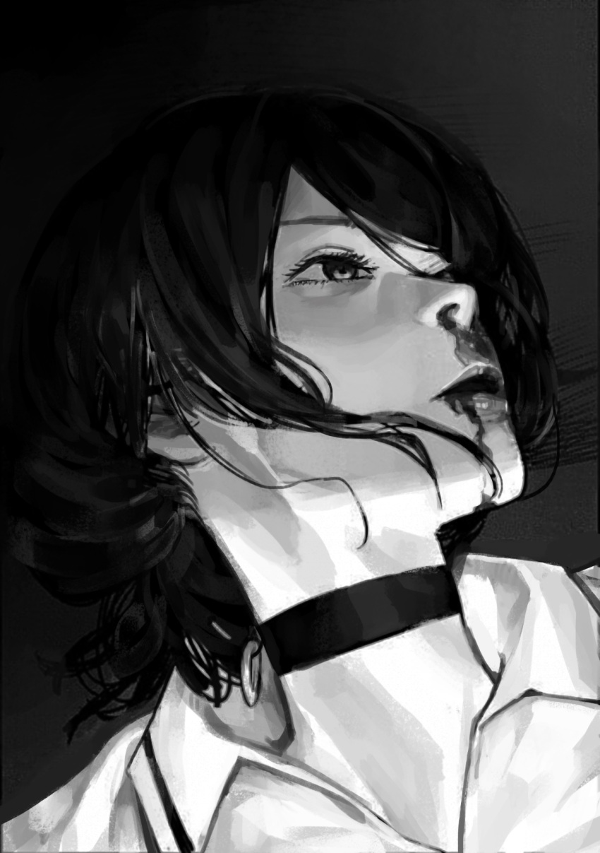1girl blood blood_from_mouth blood_on_face boridongja chainsaw_man choker eyelashes greyscale highres long_eyelashes lying medium_hair monochrome nosebleed on_back open_mouth reze_(chainsaw_man) solo