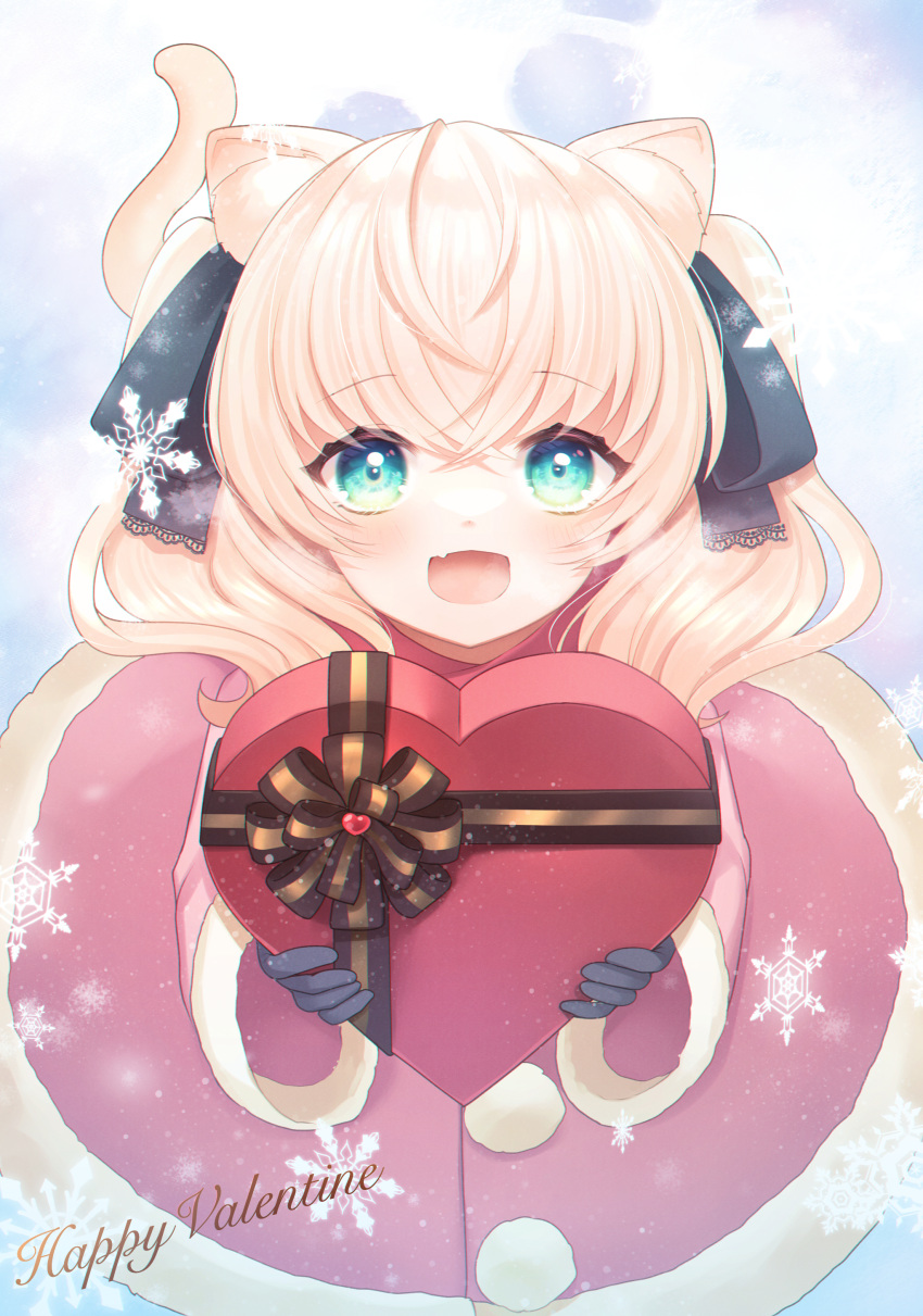 1girl :3 :d absurdres animal_ear_fluff animal_ears bangs blonde_hair blue_eyes blush box cat_ears cat_girl cat_tail dress fang from_above fur-trimmed_dress fur_trim gloves hair_ribbon happy_valentine heart-shaped_box highres holding holding_box long_hair long_sleeves looking_at_viewer lushuao open_mouth original pom_pom_(clothes) ribbon skin_fang smile snowflakes snowing solo tail twintails valentine