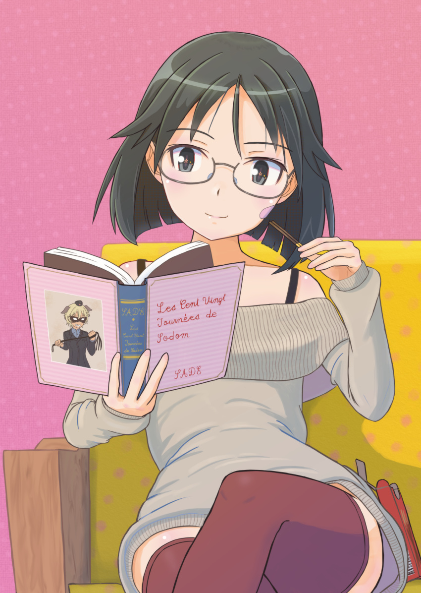 1girl bandaid bandaid_on_face bare_shoulders black_hair black_legwear blue_eyes blush book brave_witches breasts collarbone highres kanno_naoe keicha_(kmoekaki) reading shiny shiny_hair shiny_skin short_hair sitting small_breasts smile solo sweater thigh-highs waltrud_krupinski world_witches_series