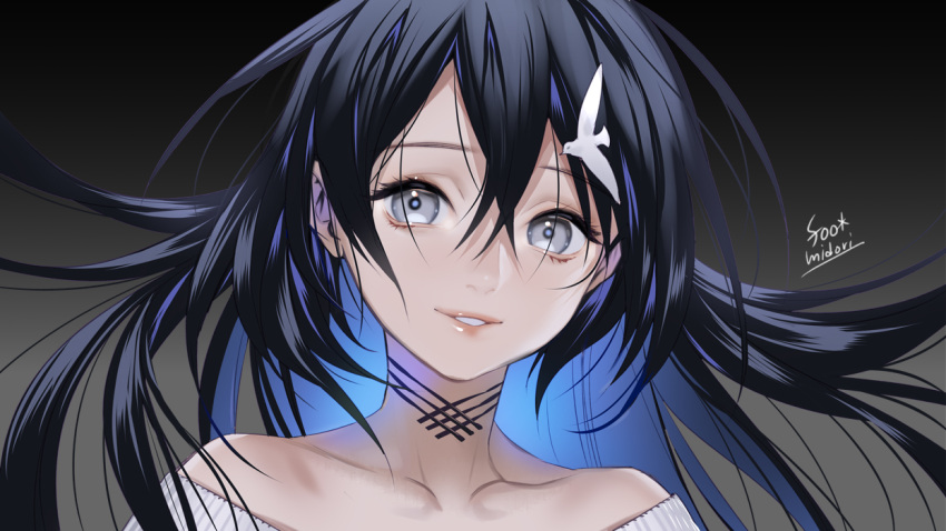 1girl artist_name bangs banned_artist black_background black_hair face gradient gradient_background grey_background grey_eyes hair_between_eyes long_hair looking_at_viewer midori_foo multicolored_hair original parted_lips portrait simple_background solo