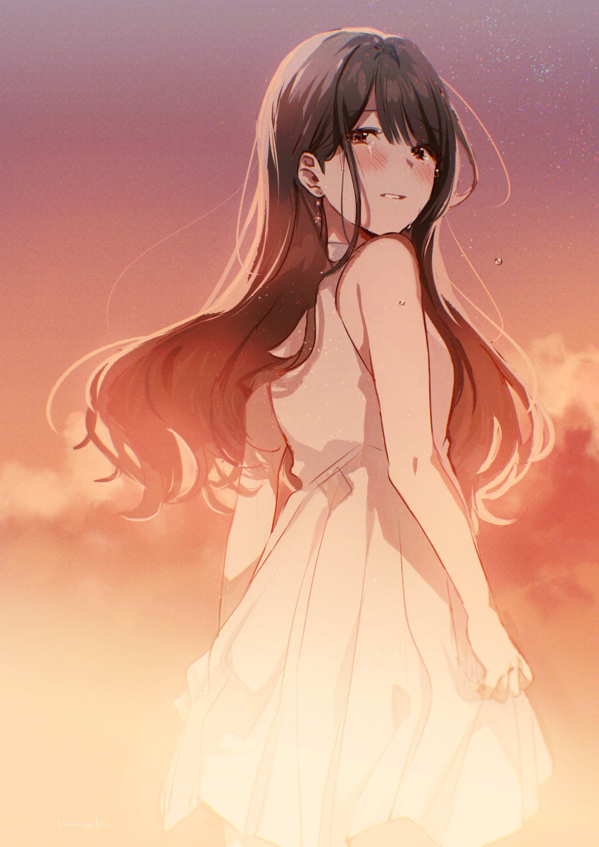 1girl bangs bare_shoulders blush brown_eyes brown_hair clouds crying crying_with_eyes_open dress earrings hanako151 highres jewelry long_hair looking_at_viewer looking_back original outdoors parted_lips sky sleeveless sleeveless_dress smile solo standing sunlight sunset tears white_dress