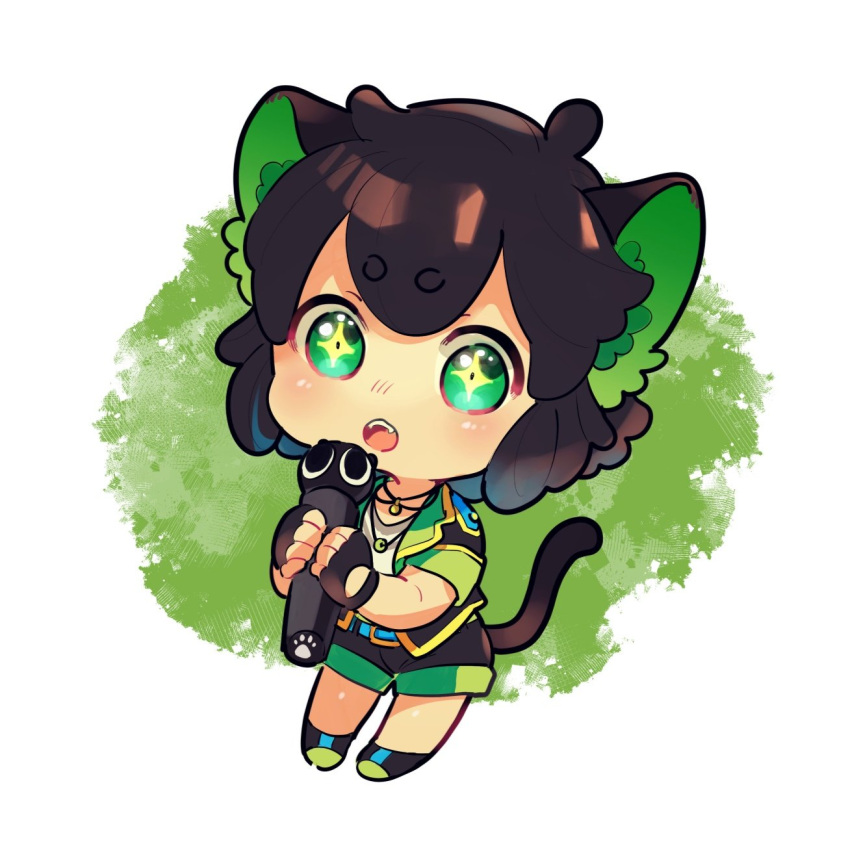 +_+ 1boy animal_ears black_gloves black_hair blush cat_boy cat_ears cat_tail chibi fingerless_gloves gloves green_eyes highres jewelry luoxiaohei microphone necklace okay_okayu open_mouth shadow shirt short_hair short_sleeves shorts solo tail the_legend_of_luo_xiaohei white_shirt