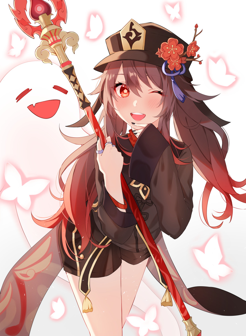 1girl absurdres black_nails blush brown_hair chinese_clothes coat coattails flower flower-shaped_pupils genshin_impact ghost hair_between_eyes hat hat_ornament highres hu_tao_(genshin_impact) jewelry long_hair long_sleeves looking_at_viewer one_eye_closed onigiri_yumi09 open_mouth plum_blossoms porkpie_hat red_eyes ring shorts staff_of_homa_(genshin_impact) symbol-shaped_pupils thighs white_background