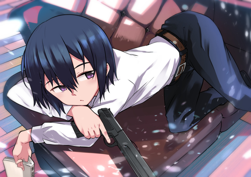 1girl androgynous belt black_hair book gun handgun highres holding kino_(kino_no_tabi) kino_no_tabi reverse_trap short_hair solo tomboy tomurasuisen trigger_discipline violet_eyes weapon