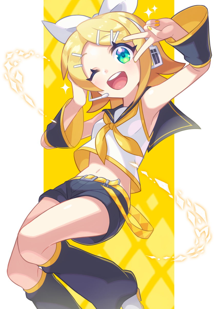 1girl ;d absurdres armpits ascot bangs bare_shoulders belt belt_buckle black_sailor_collar black_shorts blonde_hair bow breasts buckle cel_shading crop_top detached_sleeves green_eyes hair_bow hair_ornament hairclip hand_on_headphones headphones headset highres kagamine_rin karasu_no_katte leg_warmers midriff narrow_waist navel one_eye_closed open_mouth sailor_collar sailor_shirt shirt short_hair shorts sleeveless sleeveless_shirt small_breasts smile sparkle swept_bangs v_over_eye vocaloid white_bow yellow_ascot yellow_nails