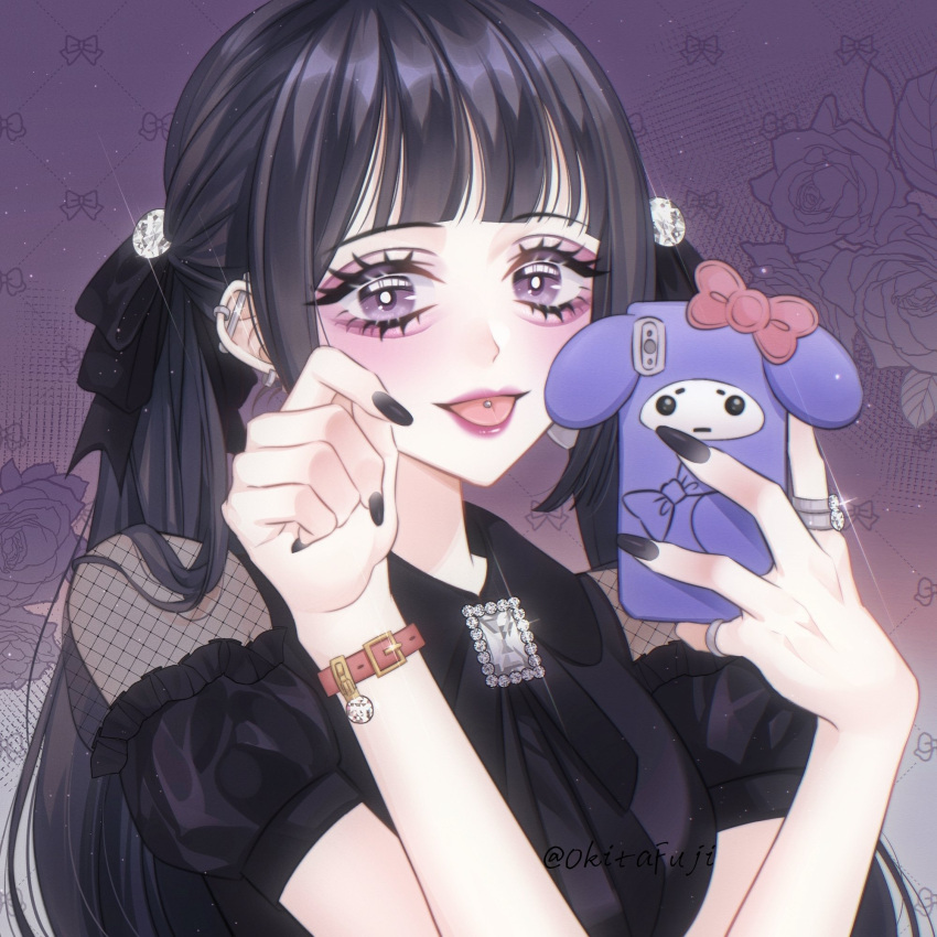 1girl black_hair black_nails black_shirt blouse blush bow bracelet buttons crystal diamond_(gemstone) diamond_button ear_piercing earrings eyeshadow eyeshadow_under_eye fishnet_top fishnets flower gem gothic hair_bow highres jewelry long_hair makeup nail_polish okitafuji phone piercing punk purple_background ring rose sanrio see-through shirt sparkle tongue tongue_out tongue_piercing twintails violet_eyes