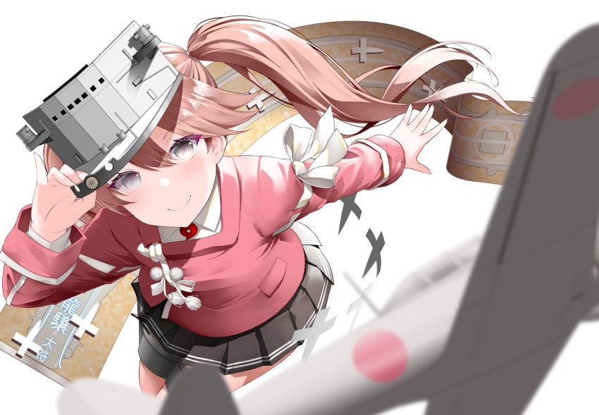 1girl aircraft aircraft_request airplane black_skirt blurry character_name collared_shirt commentary_request cowboy_shot depth_of_field dress flight_deck highres japanese_clothes kantai_collection kariginu kirigakure_(kirigakure_tantei_jimusho) magatama pleated_dress red_shirt ryuujou_(kancolle) shikigami shirt simple_background skirt solo standing twintails visor_cap white_background white_shirt