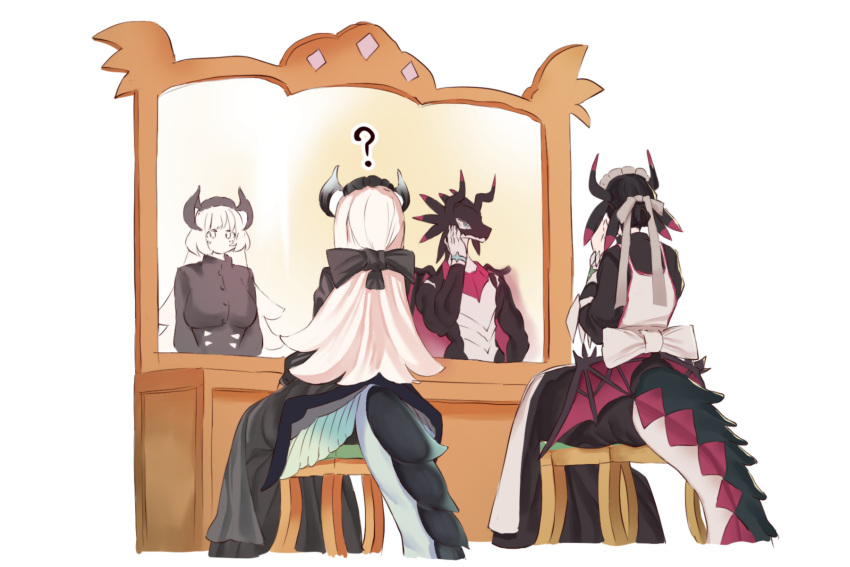 2girls alternate_form apron black_bow black_dress black_hair blonde_hair bow chamber_dragonmaid different_reflection dougaku_(passionpit777) dragon dragon_horns dragon_tail dragonmaid_sheou dress duel_monster hair_bow hand_on_own_face highres horns house_dragonmaid long_hair maid_headdress mirror multiple_girls reflection short_hair sitting stool tail yu-gi-oh!