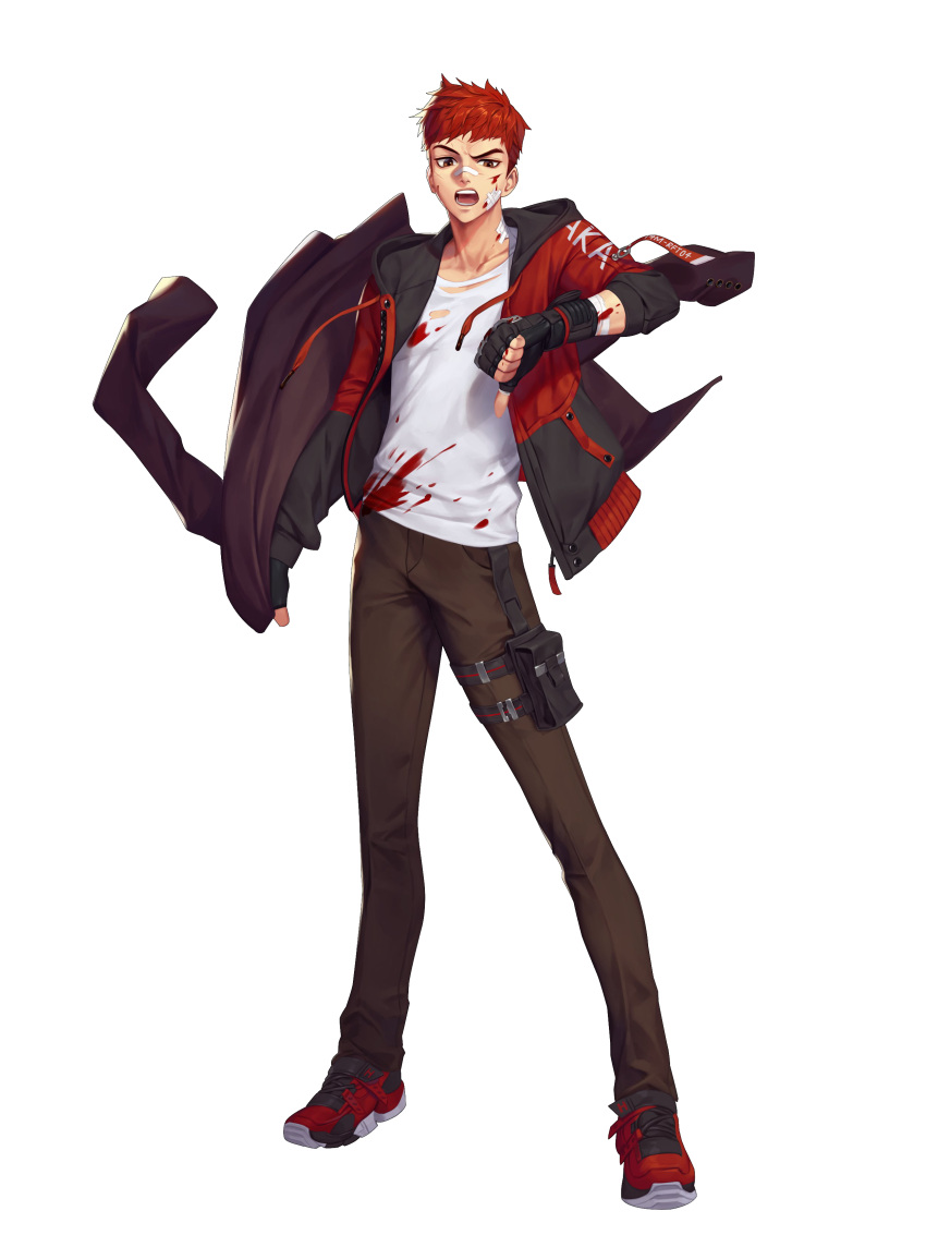 1boy absurdres artist_request bad_source black_survival blood brown_eyes brown_pants fingerless_gloves full_body gloves highres hyunwoo_(black_survival) jacket looking_at_viewer male_focus official_alternate_costume official_art open_clothes open_jacket open_mouth pants red_footwear redhead shirt shoes short_hair simple_background solo standing thumbs_down transparent_background white_shirt