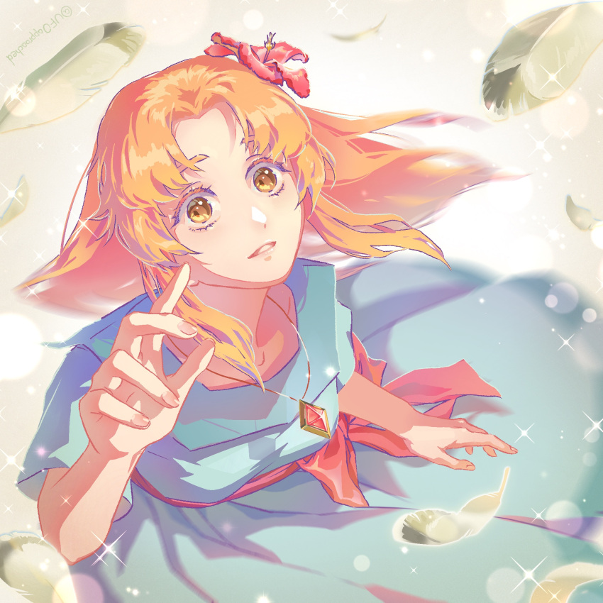 1girl artist_name blue_dress brown_eyes dress feathers flower hair_flower hair_ornament hand_up highres jewelry long_hair looking_at_viewer looking_up necklace orange_hair princess_zelda sidelocks sparkle the_legend_of_zelda the_legend_of_zelda:_link's_awakening ufoapproached