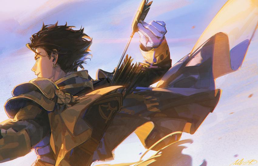 alzi_xiaomi arm_up armor arrow_(projectile) black_cape black_hair black_jacket cape claude_von_riegan earrings fire_emblem fire_emblem:_three_houses fire_emblem_warriors:_three_hopes gloves highres holding holding_arrow jacket jewelry looking_away outdoors parted_lips pauldrons profile quiver short_hair shoulder_armor single_earring single_pauldron smile upper_body white_gloves
