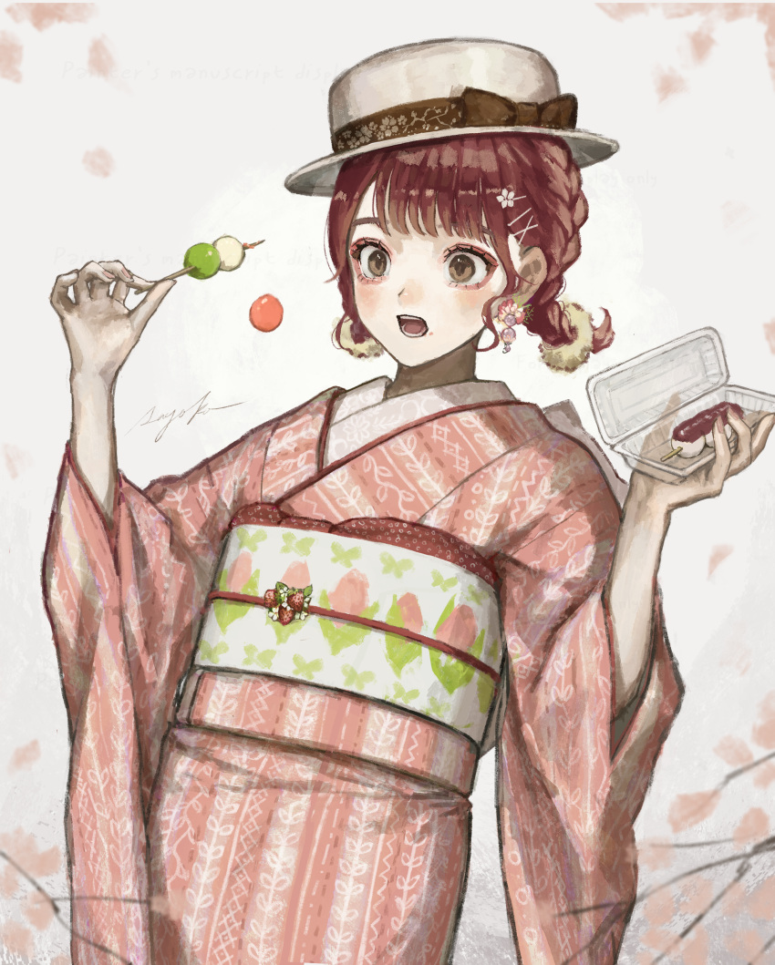1girl :o absurdres bangs bow braid brown_eyes brown_hair cherry_blossoms commentary cowboy_shot dango dropping earrings eyebrows_behind_hair flower food hair_flower hair_ornament hands_up hat hat_bow highres holding holding_food japanese_clothes jewelry kimono mole mole_under_eye obi obiage obijime open_mouth original pink_kimono sanshoku_dango sash sayosny2 signature solo teeth twin_braids twintails wagashi white_headwear wide_sleeves yukata