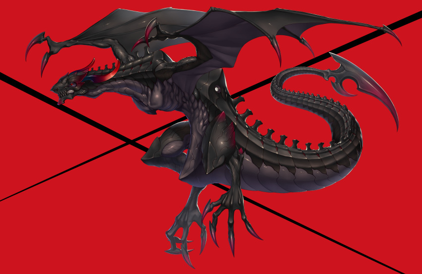 absurdres bite_addict black_eyes blue_horns closed_mouth colored_sclera dragon extra_eyes fantasy gradient_horns highres horns multicolored_horns no_humans original purple_horns red_background red_eyes red_horns red_sclera sharp_teeth simple_background solo spine talons teeth