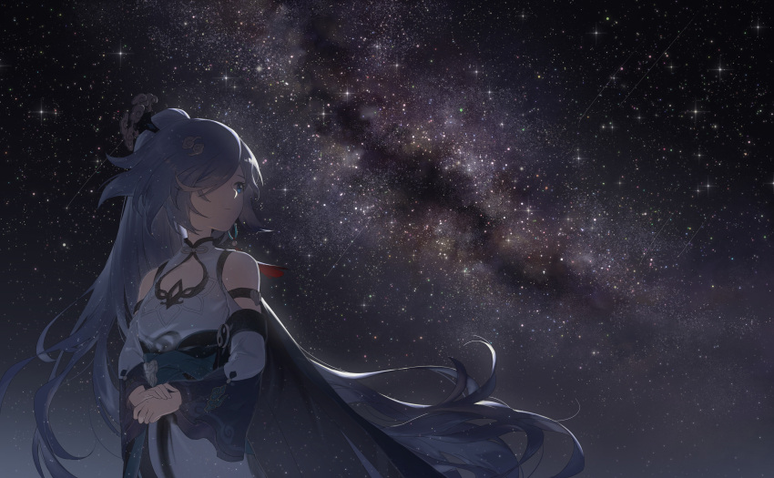 1girl absurdres china_dress chinese_clothes closed_mouth clothing_cutout dress earrings fu_hua fu_hua_(azure_empyrea) hair_ornament hair_stick highres honkai_(series) honkai_impact_3rd jewelry long_hair looking_away looking_to_the_side milky_way outdoors own_hands_together pleated_sleeves ponytail rafaelaaa sky solo standing star_(sky) starry_sky tassel