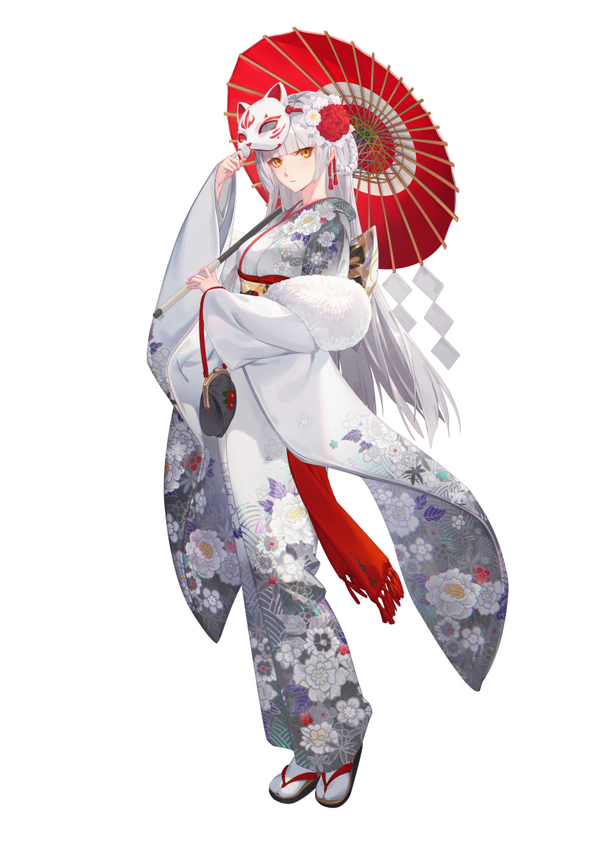 1girl absurdres bad_source bangs black_survival closed_mouth floral_print full_body hair_ornament hand_up highres holding holding_umbrella japanese_clothes kanzashi kimono long_hair looking_at_viewer mask mask_on_head minami_rio official_alternate_costume official_art print_kimono red_umbrella simple_background solo standing tabi transparent_background umbrella white_hair yellow_eyes zouri