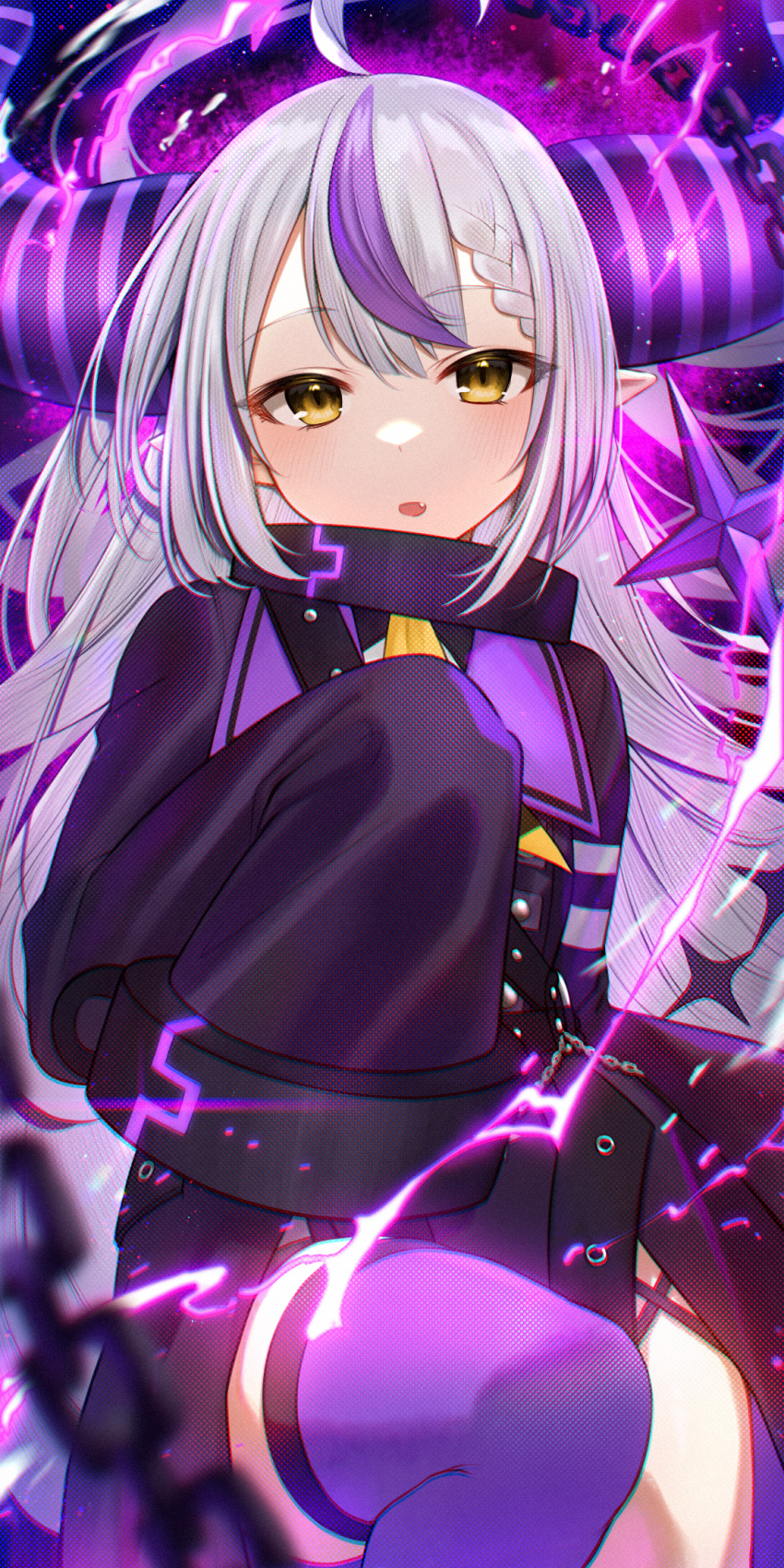 1girl ahoge akky_(akimi1127) black_dress braid braided_bangs chain commentary_request demon_horns dress fang feet_out_of_frame grey_hair highres hololive horns la+_darknesss long_sleeves looking_at_viewer multicolored_hair parted_lips pointy_ears purple_hair purple_legwear single_thighhigh sleeves_past_fingers sleeves_past_wrists solo streaked_hair thigh-highs virtual_youtuber yellow_eyes