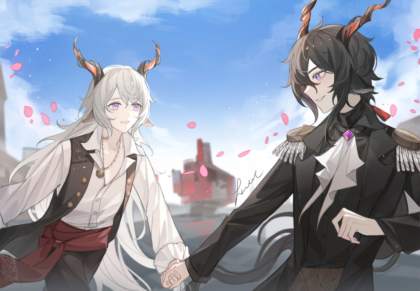 2boys absurdres animal_ears arknights bishounen black_hair black_suit blouse chasehuimao cherry_blossoms cowboy_shot ebenholz_(arknights) formal frills goat_boy goat_ears goat_horns hair_ribbon highres holding_hands horns jewelry kreide_(arknights) long_hair male_focus multiple_boys necklace outdoors ribbon shirt smile suit violet_eyes white_hair white_shirt