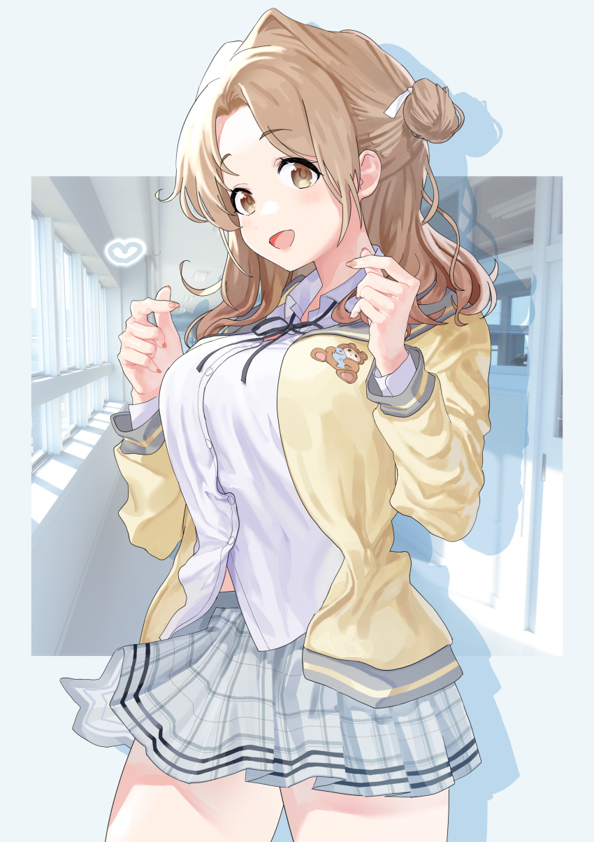 absurdres artist_request breasts brown_eyes brown_hair cardigan commentary_request grey_skirt hair_bun hair_ribbon hallway highres ichikawa_hinana idolmaster idolmaster_shiny_colors large_breasts long_hair looking_at_viewer miniskirt open_cardigan open_clothes open_mouth plaid plaid_skirt pleated_skirt ribbon school_uniform shirt single_hair_bun single_side_bun skirt standing white_shirt yellow_cardigan
