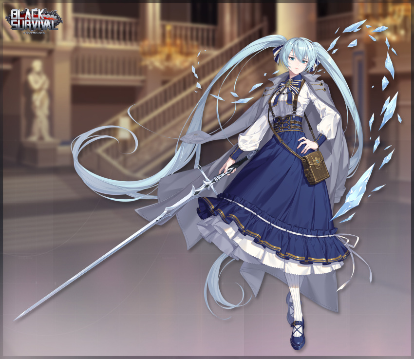 1girl artist_request bag bangs black_survival blue_eyes blue_footwear blue_hair blurry blurry_background closed_mouth coat coat_on_shoulders dress elena_(black_survival) full_body grey_coat hand_on_hip highres holding holding_sword holding_weapon long_sleeves looking_at_viewer official_alternate_costume official_art shoulder_bag solo sword twintails weapon white_legwear