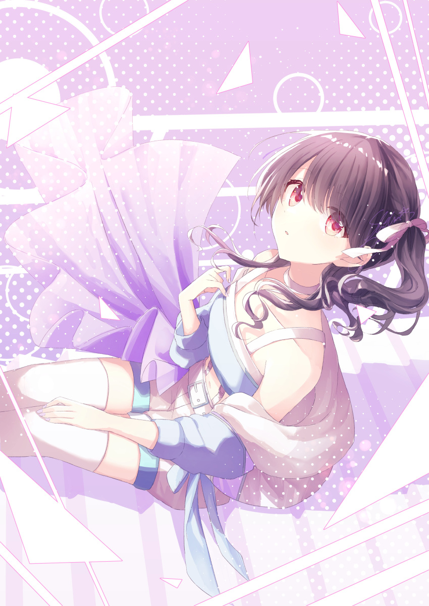 1girl absurdres bare_shoulders belt black_hair commentary_request fukumaru_koito hair_ribbon highres idol_clothes idolmaster idolmaster_shiny_colors long_hair looking_at_viewer navel ribbon shiohari_kanna shorts side_ponytail sitting sitting_on_stairs solo stairs thigh-highs violet_eyes white_belt white_legwear white_shorts